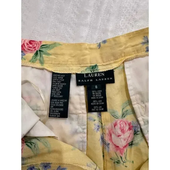 Lauren Ralph Lauren High Rise Shorts Yellow Floral Linen Women's ~24.5" Cottage - Picture 3 of 12
